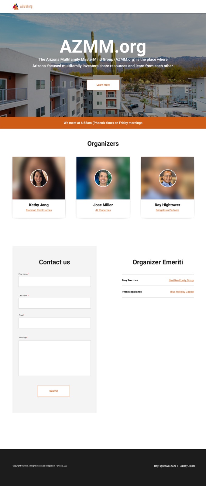 Full AZMM.org landing page design with organizers, contact form and organizer emeriti