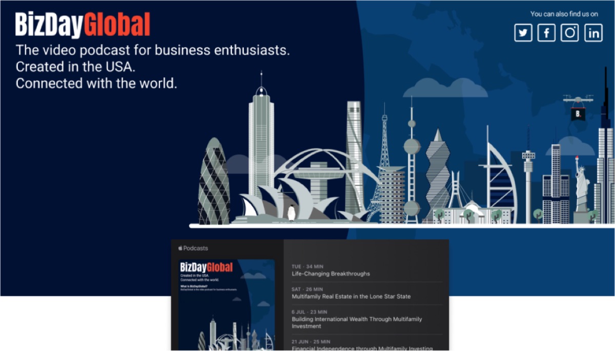BizDayGlobal home page with the global skyline and podcast episodes