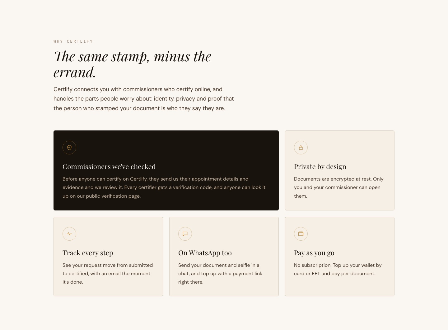Certlify features: checked commissioners, private by design, tracking, WhatsApp, pay as you go