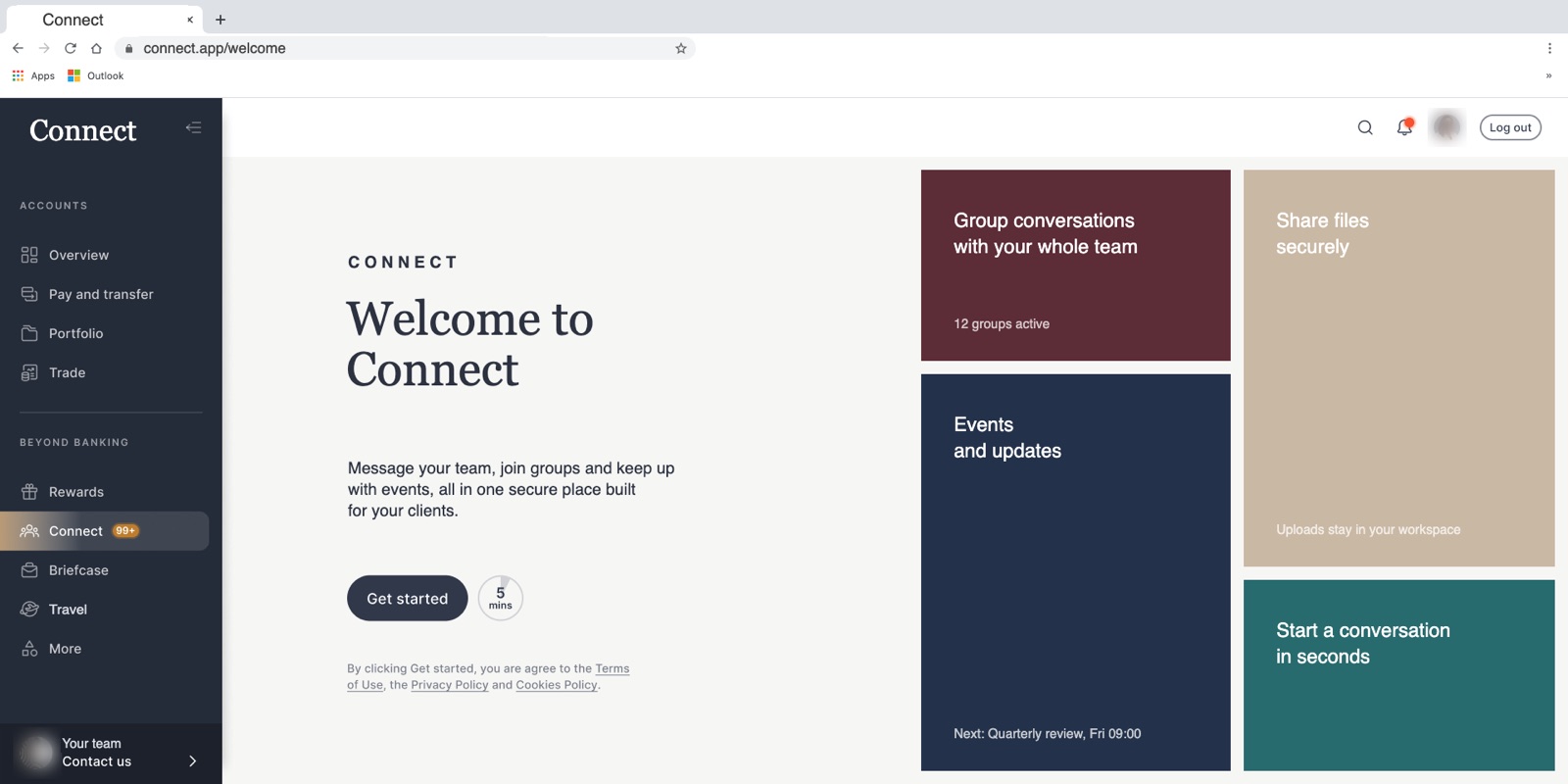 Connect welcome screen with group conversations, events and file sharing