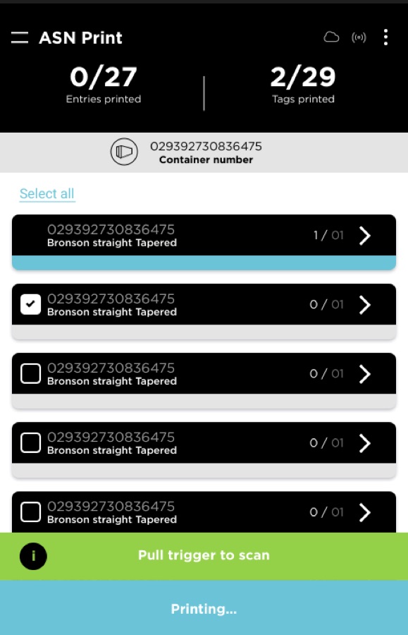 RiotRetail ASN print screen showing entries and tags printed for a container