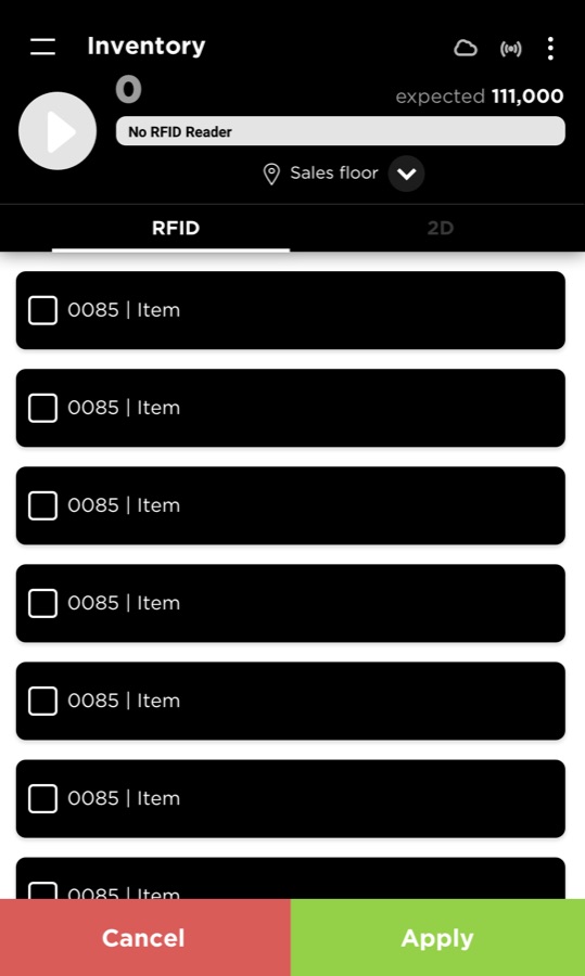 RiotRetail inventory count screen showing RFID items on the sales floor